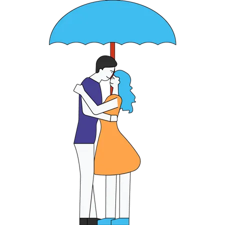 Couple, étreindre, sous, parapluie  Illustration