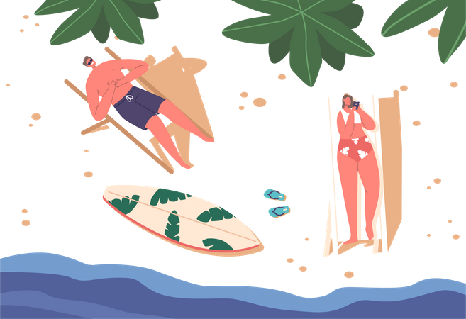 Couple serein se reposant sur une plage ensoleillée  Illustration