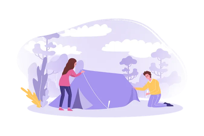 Couple setting up tent  Illustration