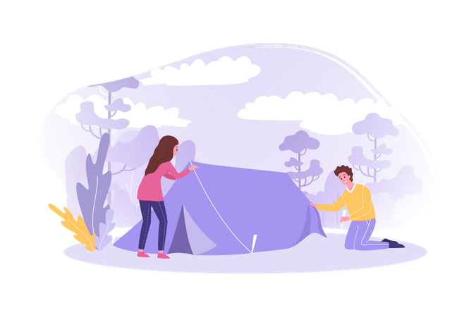 Couple setting up tent  Illustration