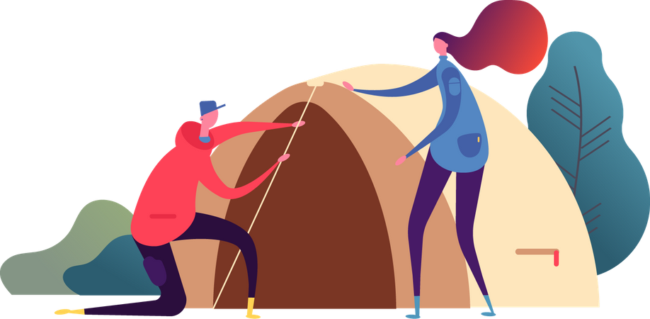 Couple setting up tent  Illustration