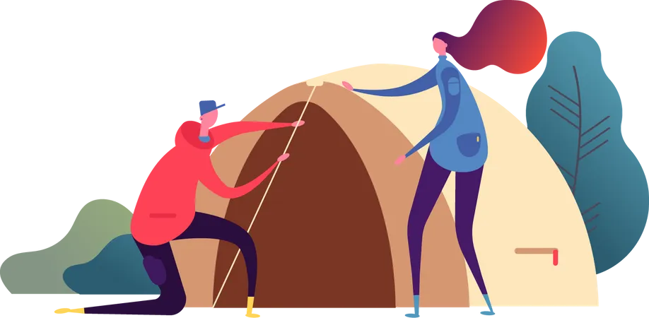 Couple setting up tent  Illustration