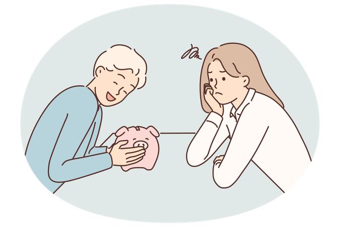 Couple shares finances after divorce and man laughs taking money into piggy bank from ex-wife  Illustration