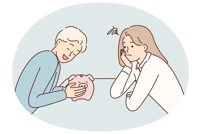 Couple shares finances after divorce and man laughs taking money into piggy bank from ex-wife  Illustration
