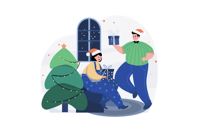 Couple Sharing Christmas Gifts  Illustration