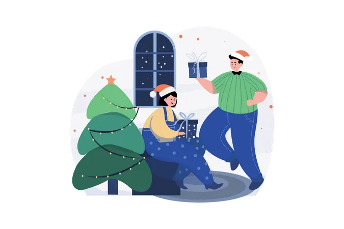 Couple Sharing Christmas Gifts  Illustration