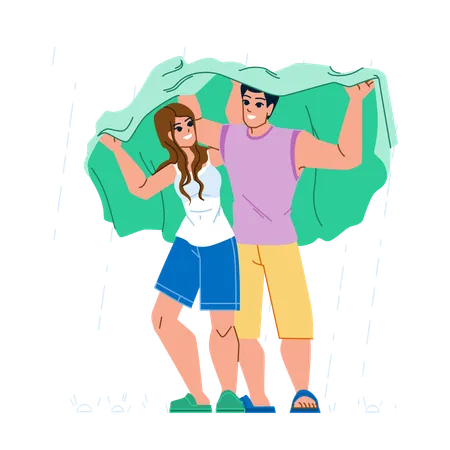 Couple sharing raincoat in rain  Illustration