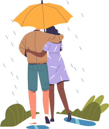 Couple Sheltered Beneath One Umbrella  일러스트레이션
