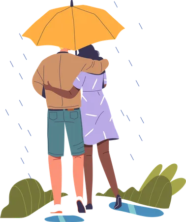 Couple Sheltered Beneath One Umbrella  Illustration