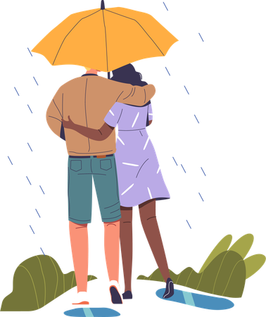 Couple Sheltered Beneath One Umbrella  Illustration