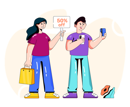 Couple shopping à prix réduit  Illustration