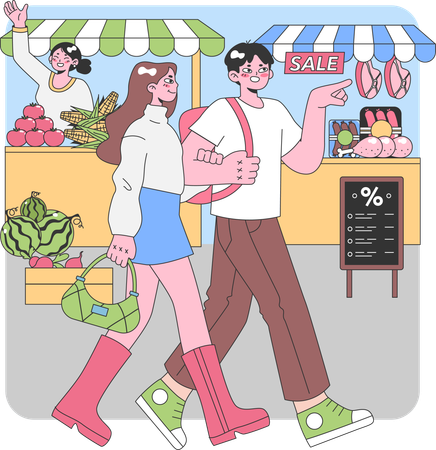 Couple shopping at market  Illustration
