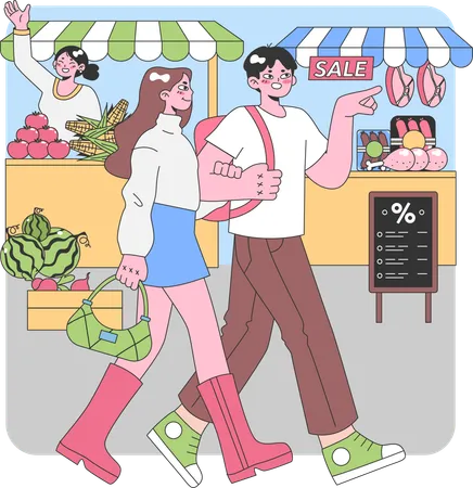 Couples faisant du shopping au marché  Illustration