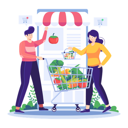 Couple achetant des légumes depuis une application en ligne  Illustration