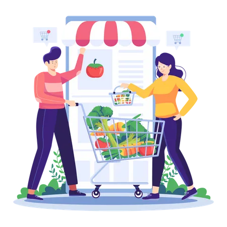 Couple achetant des légumes depuis une application en ligne  Illustration