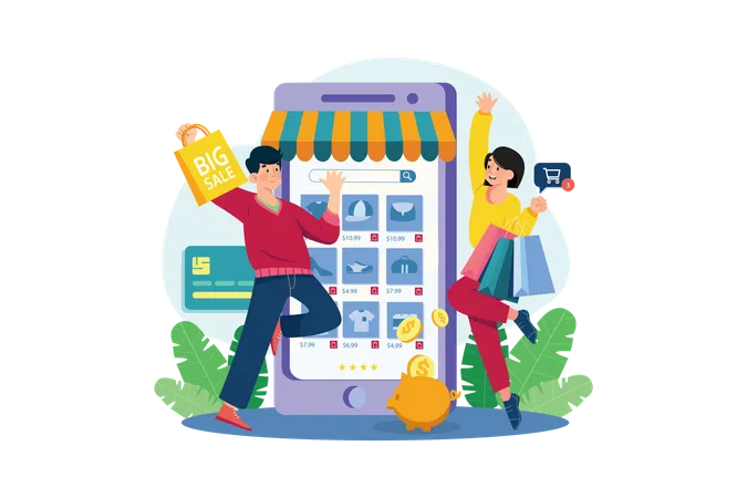 Couple shopping for a discount  Illustration