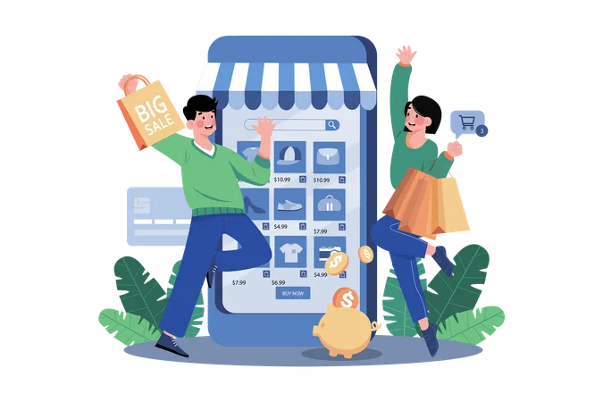 Couple shopping for a discount  Illustration