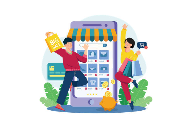 Couple shopping for a discount  Illustration