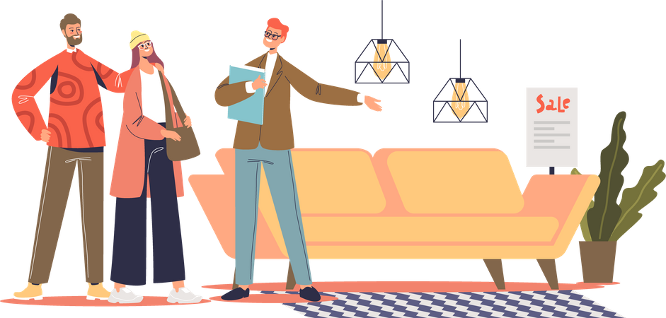 Couple shopping for couch at furniture store Illustration
