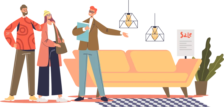 Couple shopping for couch at furniture store  Illustration