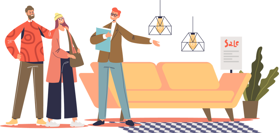 Couple shopping for couch at furniture store  Illustration