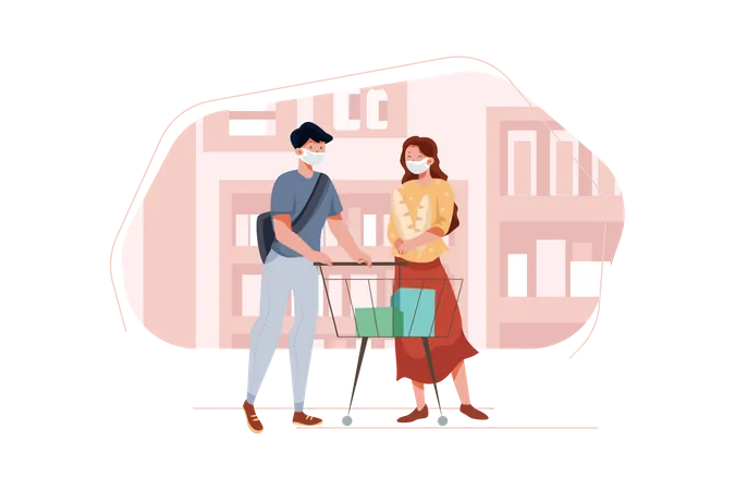 Couple shopping for groceries at store during pandemic  Illustration