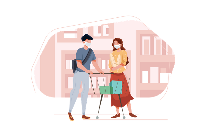 Couple shopping for groceries at store during pandemic  Illustration