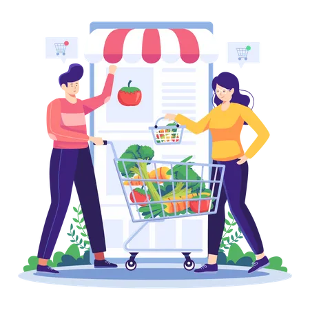 Couple shopping for vegetables from online app Illustration