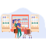 illustrations of couple with trolley