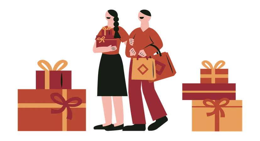 Couple Shopping in Chinese New Year  Illustration