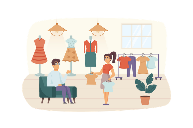 Couple shopping in clothing store Illustration