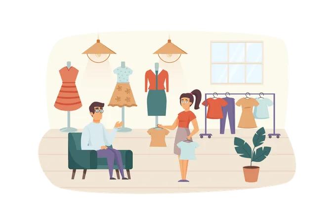 Couple shopping in clothing store Illustration