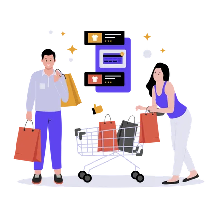 Man And Women Shopping With Bags And Trolley Sale Offer Joyful Guy And Girl Flat Vector Illustration Isolated On White Background Illustration