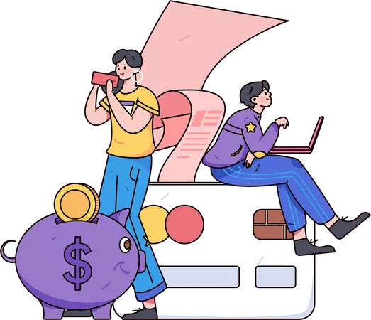 Couple showing monthly shopping expenditure bills to accountant  Illustration