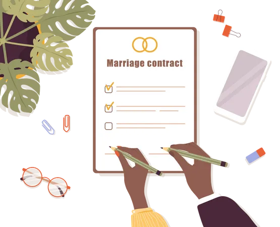 Couple signs prenuptial agreement document  Illustration