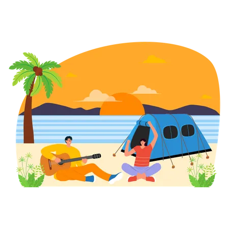 Couple singing song on camping at beach  Illustration