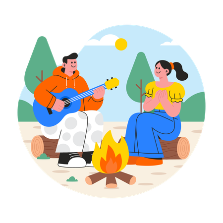 焚き火を囲んで歌うカップル  イラスト