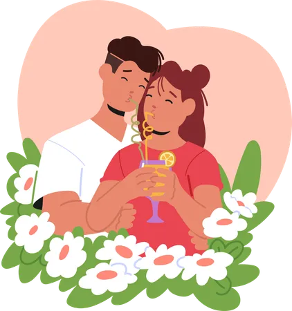 Couple Sipping Cocktail Through Straws  Illustration