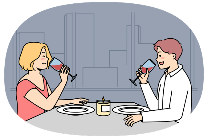 Couple sit at table and drink red wine in restaurant  Illustration