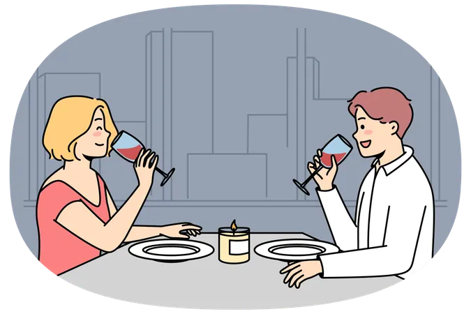 Couple sit at table and drink red wine in restaurant  Illustration