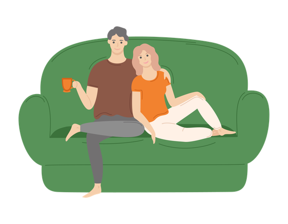Couple Sitting and Cuddling on Sofa at Home  Illustration