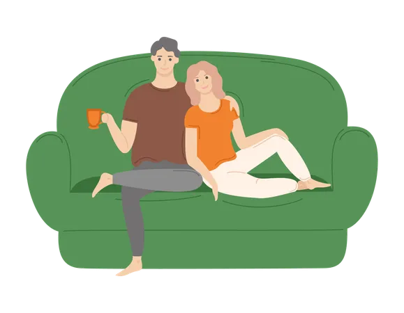Man And Woman Relaxing Vector Couple Sitting And Cuddling On Sofa Boy Holding Cup Of Coffee Free Time Activities Cartoon Style Togetherness Concept Illustration