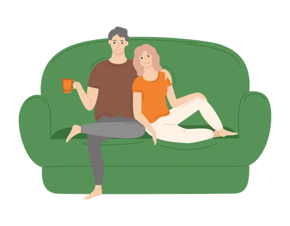 Couple Sitting and Cuddling on Sofa at Home  Illustration