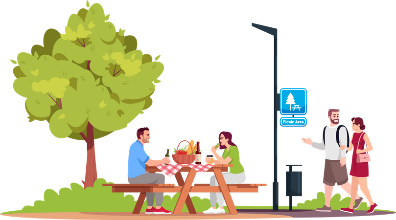 Couple sitting at a picnic table in park Illustration