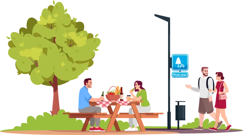 Couple Sitting At A Picnic Table In Park Semi Flat RGB Color Vector Illustration Man And Woman Walking In Public Recreation Area Leisure And Outing Isolated Cartoon Characters On White Background Illustration