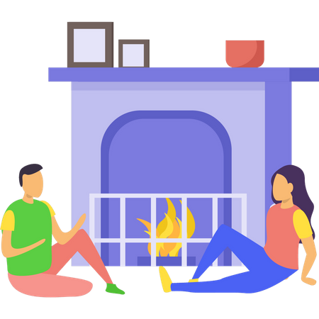 Couple sitting at fireplace Illustration