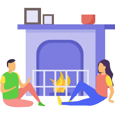 Couple sitting at fireplace Illustration