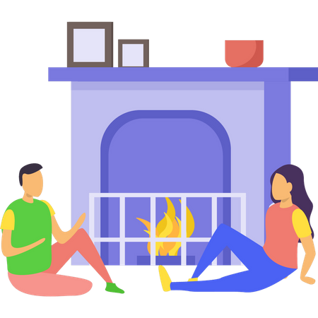 Couple sitting at fireplace  Illustration