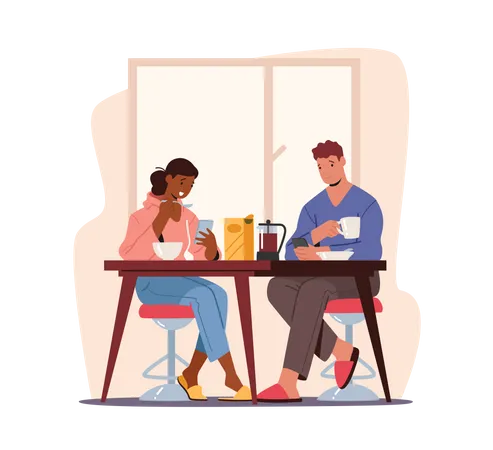 Couple Sitting At Table Having Breakfast With Smartphones In Hands Young Man And Woman Characters Relax At Home With Digital Devices Social Network Communication Cartoon People Vector Illustration 일러스트레이션