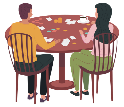 Couple sitting at table play board game at home Illustration